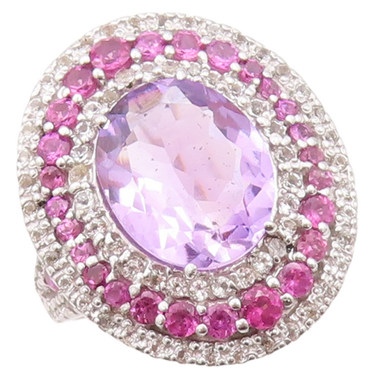 925 Sterling Silver Vintage Ring Oval Amethyst Halo 2 Tone CZ Bands Sz 7 RG30133