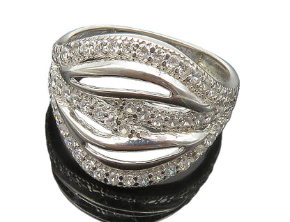 925 Sterling Silver  Shiny White Topaz Cutout Design Band Ring Sz 7  RG15509