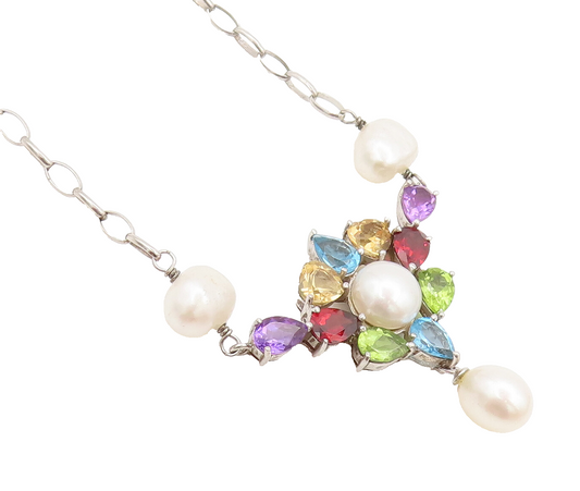 925 Sterling Silver Vintage Multi Shape Color Topaz & Pearl Necklace NE4088