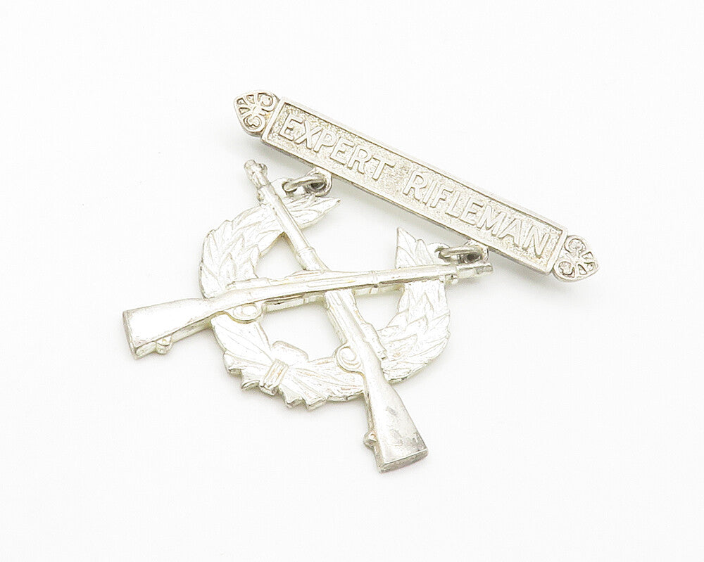 925 Sterling Silver  Vintage Shiny Expert Rifleman Wreath Brooch Pin  BP5726