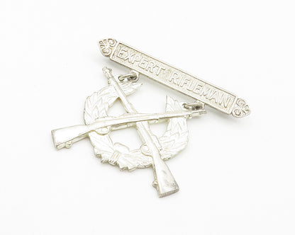925 Sterling Silver  Vintage Shiny Expert Rifleman Wreath Brooch Pin  BP5726