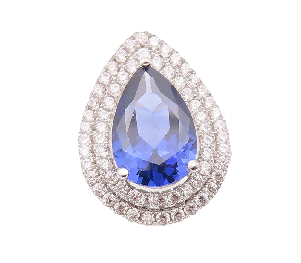 925 Sterling Silver Vintage Ring Drop Cut Sapphire Halo CZ Bands Sz 7 RG29305