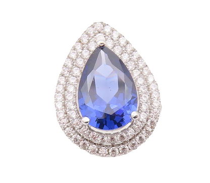 925 Sterling Silver Vintage Ring Drop Cut Sapphire Halo CZ Bands Sz 7 RG29305