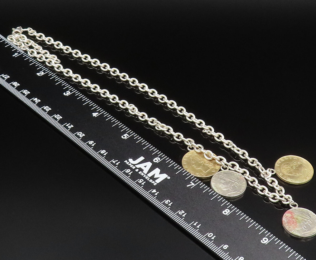 925 Sterling Silver  Vintage Two Tone Coin Rolo Chain Necklace  NE3867