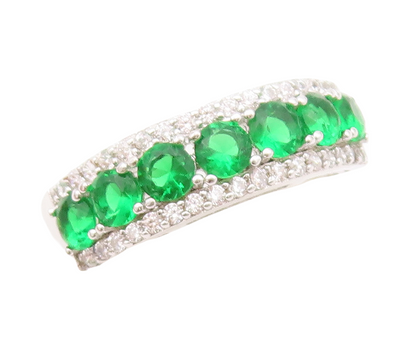 925 Sterling Silver Vintage Ring Round Cut Green & White CZ Bands Sz 7.5 RG30325