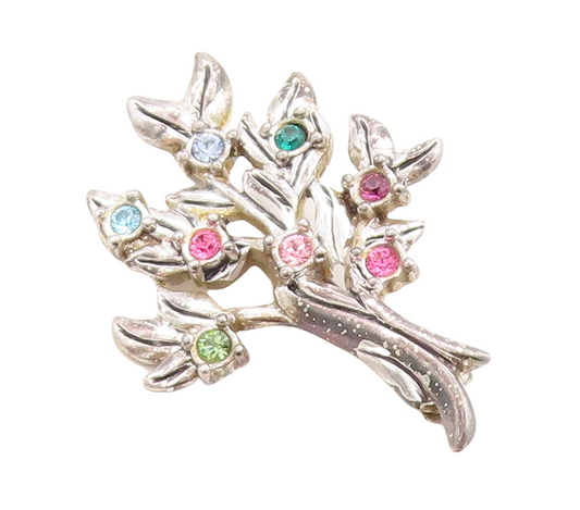 925 Sterling Silver Vintage Brooch Pin Cutout Multi Color CZ Inlay Tree  BP11377