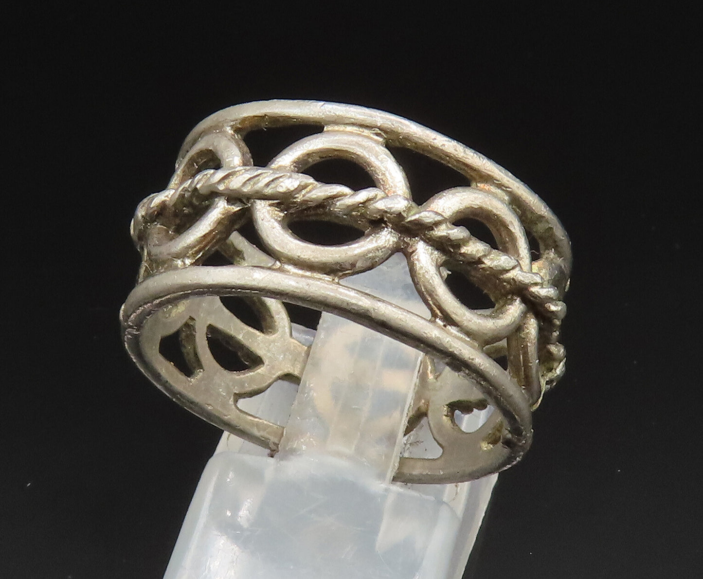 925 Silver  Vintage Twisted Rope & Open Circles Band Ring Sz 10.5  RG24913