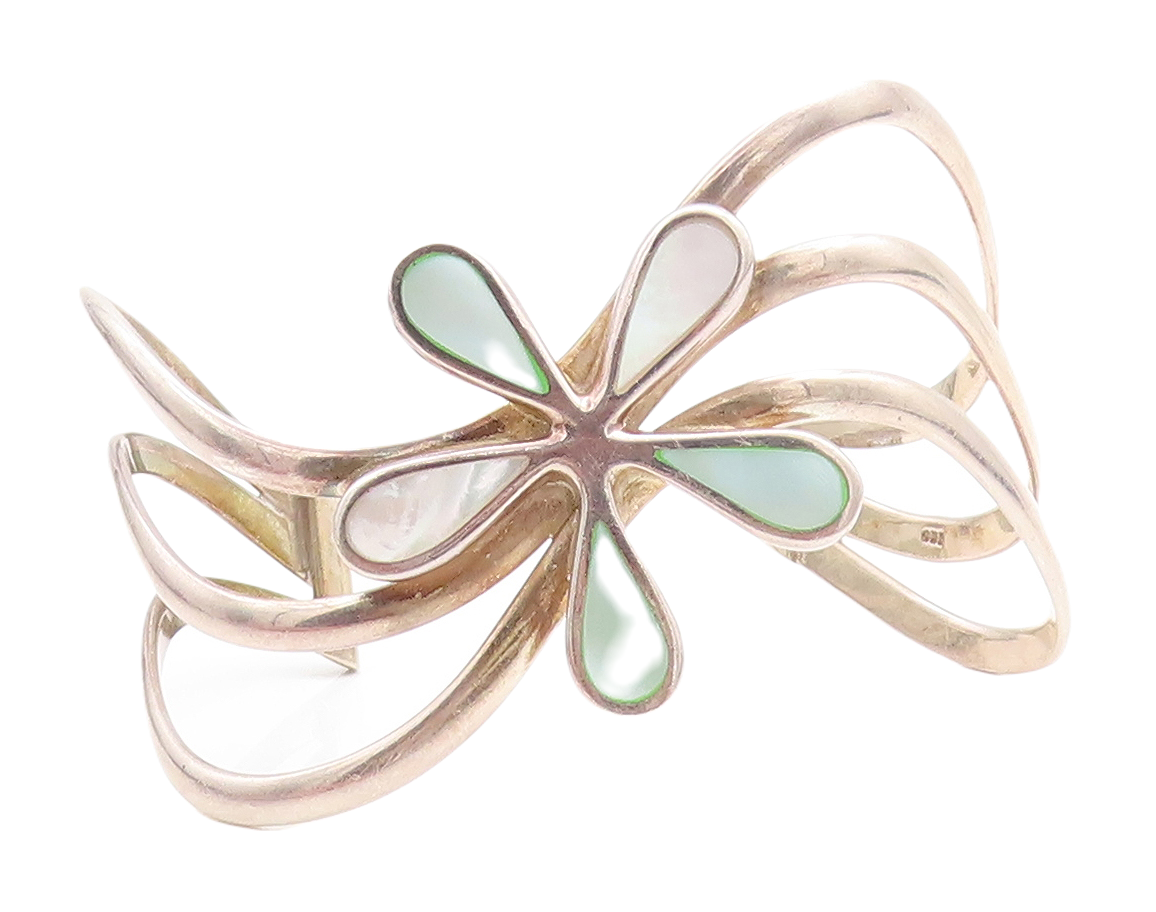 925 Sterling Silver  Vintage Mother Of Pearl Flower Split Cuff Bracelet BT2258
