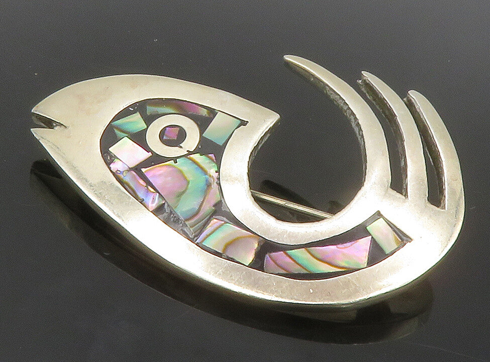 MEXICO 925 Sterling Silver  Vintage Abalone Shell Fish Brooch Pin  BP5274