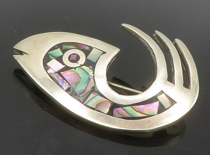 MEXICO 925 Sterling Silver  Vintage Abalone Shell Fish Brooch Pin  BP5274