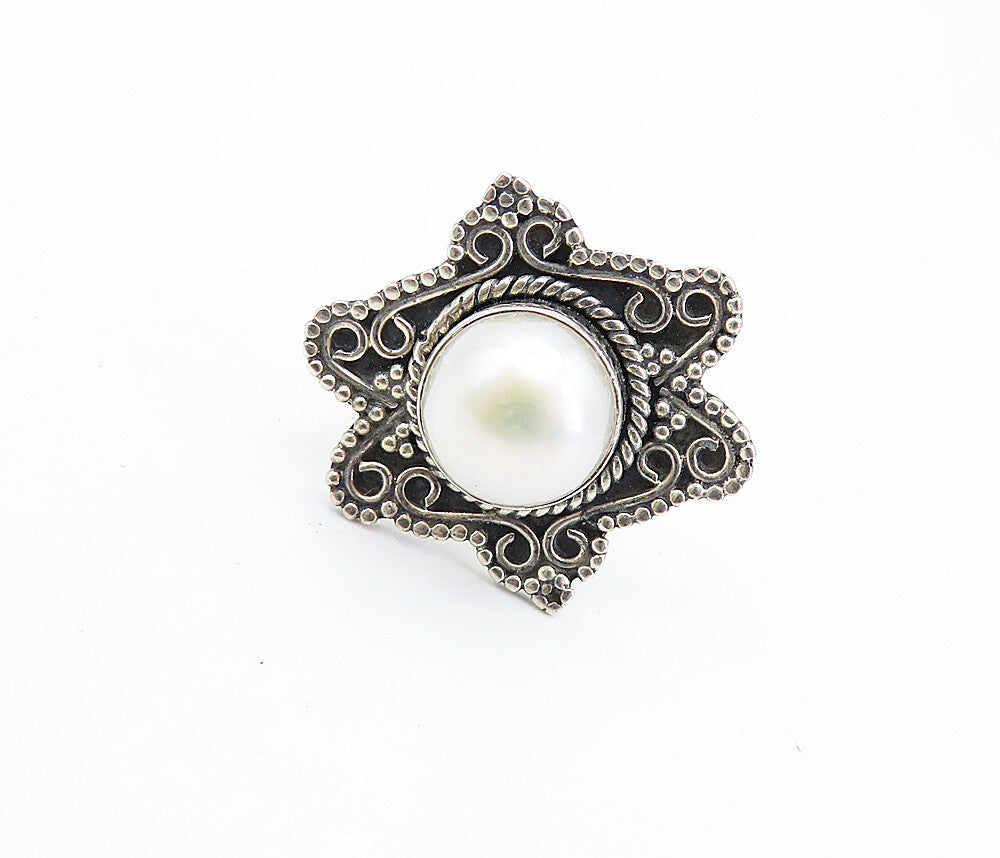 925 Sterling Silver  Vintage Pearl Dome Shiny Swirl Cocktail Ring Sz 7  RG7854