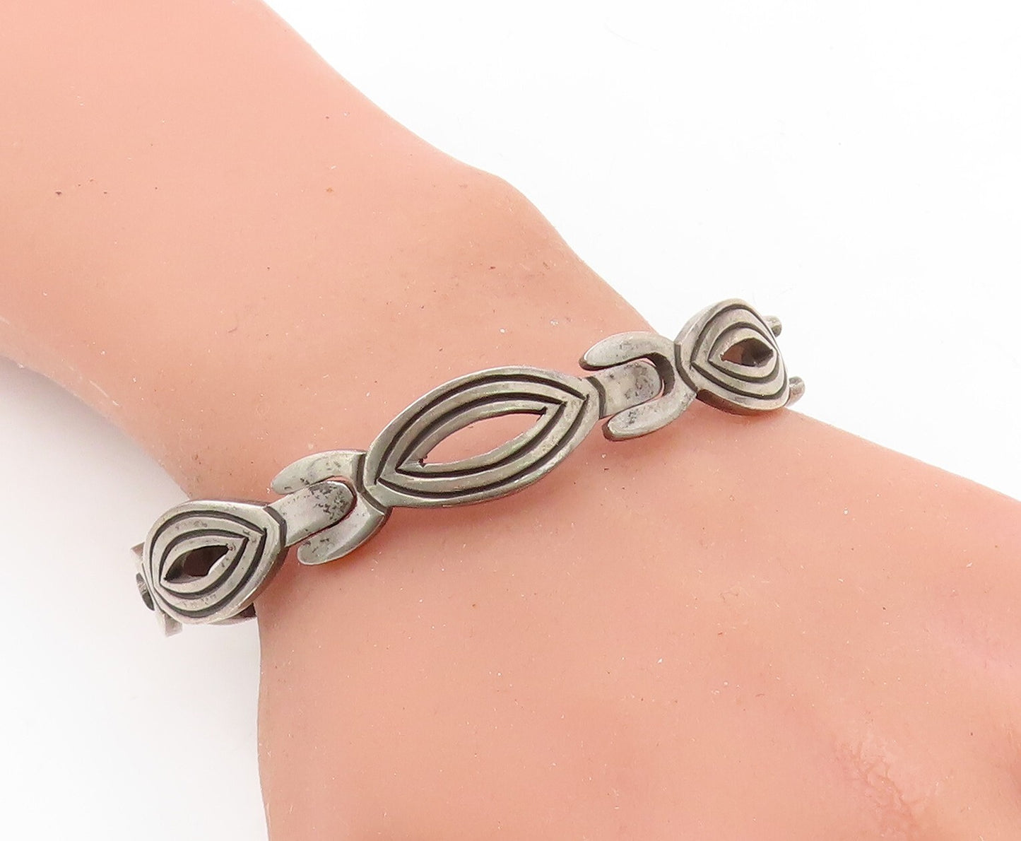 MEXICO 925 Sterling Silver  Vintage Dark Tone Hinge Link Chain Bracelet BT2732