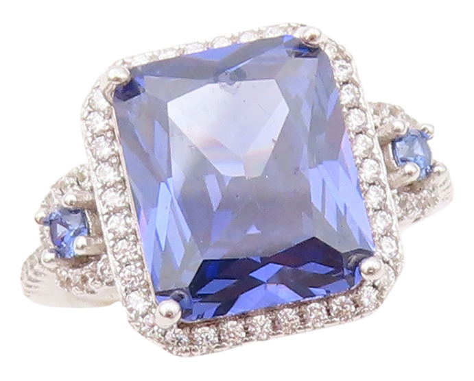 925 Sterling Silver Vintage Ring Square Cut Sapphire Halo CZ  Sz 7  RG30418
