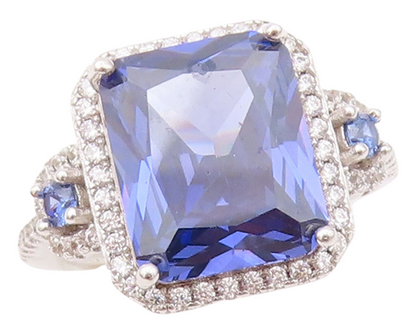 925 Sterling Silver Vintage Ring Square Cut Sapphire Halo CZ  Sz 7  RG30418