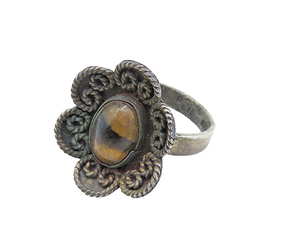 MEXICO 925 Silver  Vintage Tiger's Eye Floral Twist Cocktail Ring Sz 7  RG7397