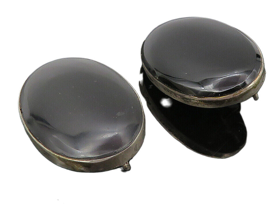 MEXICO 925 Silver  Vintage Cabochon Cut Black Onyx Non Pierce Earrings EG5842