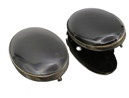 MEXICO 925 Silver  Vintage Cabochon Cut Black Onyx Non Pierce Earrings EG5842