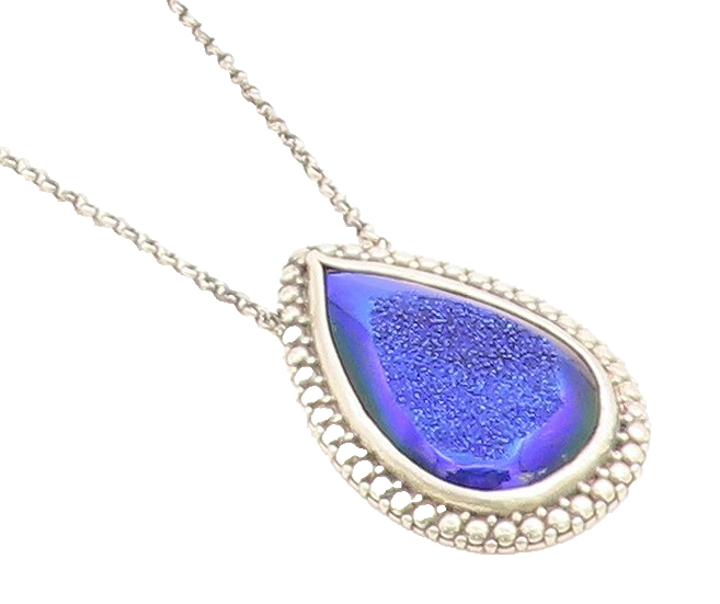 BERIA 925 Silver  Vintage Pear Shape Blue Druzy Stone Chain Necklace  NE1384