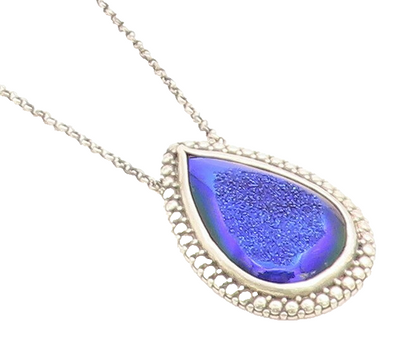 BERIA 925 Silver  Vintage Pear Shape Blue Druzy Stone Chain Necklace  NE1384