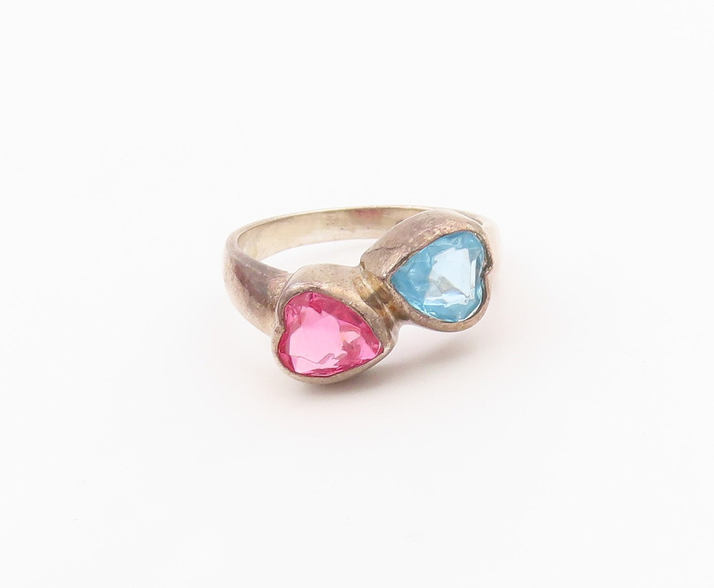 925 Sterling Silver Vintage Ring Pink & Blue Topaz Love Hearts  Sz 5.5  RG36476