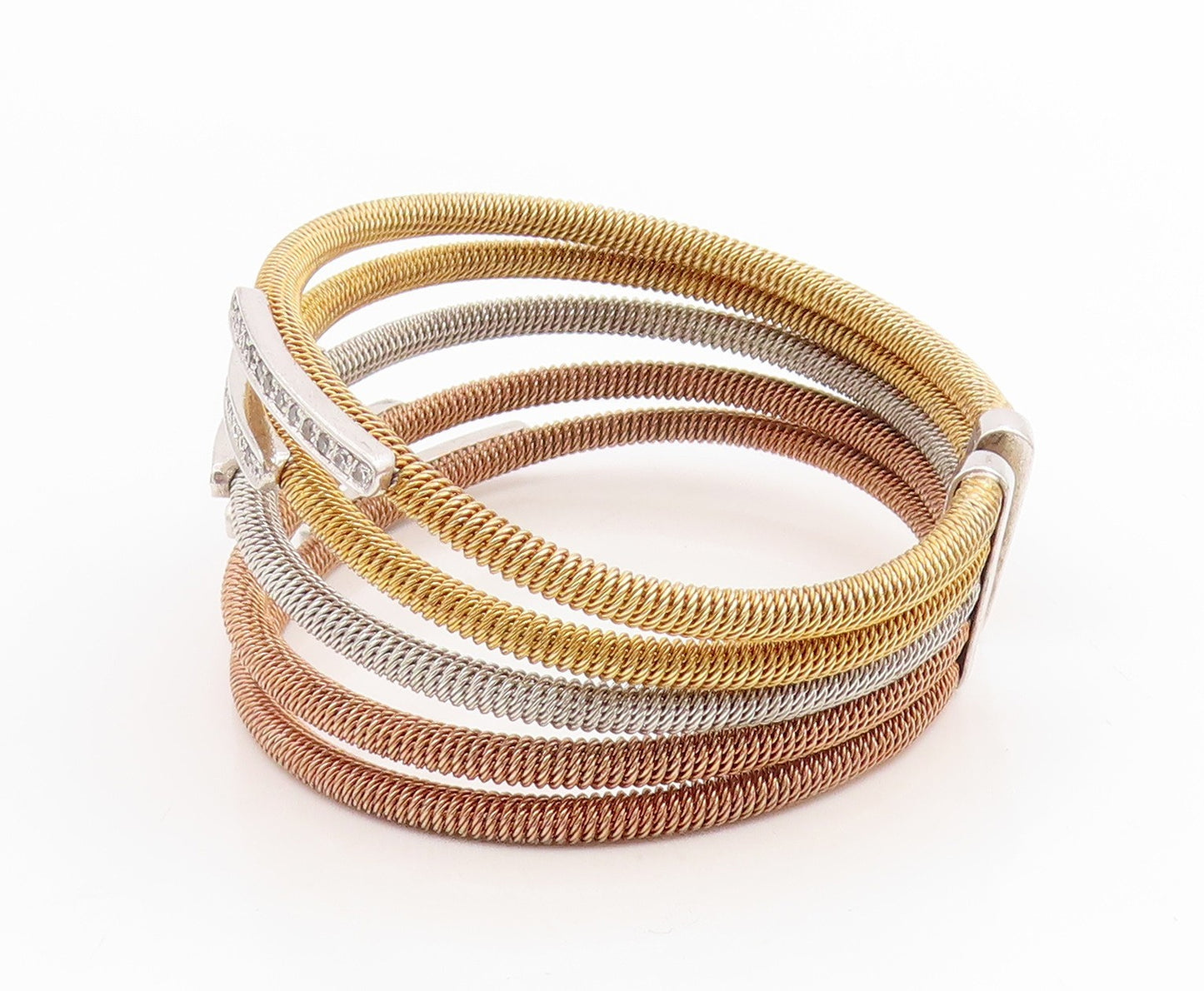 925 Sterling Silver Vintage Bracelet CZ Multi Tone Flex Coiled Cuff  BT11835