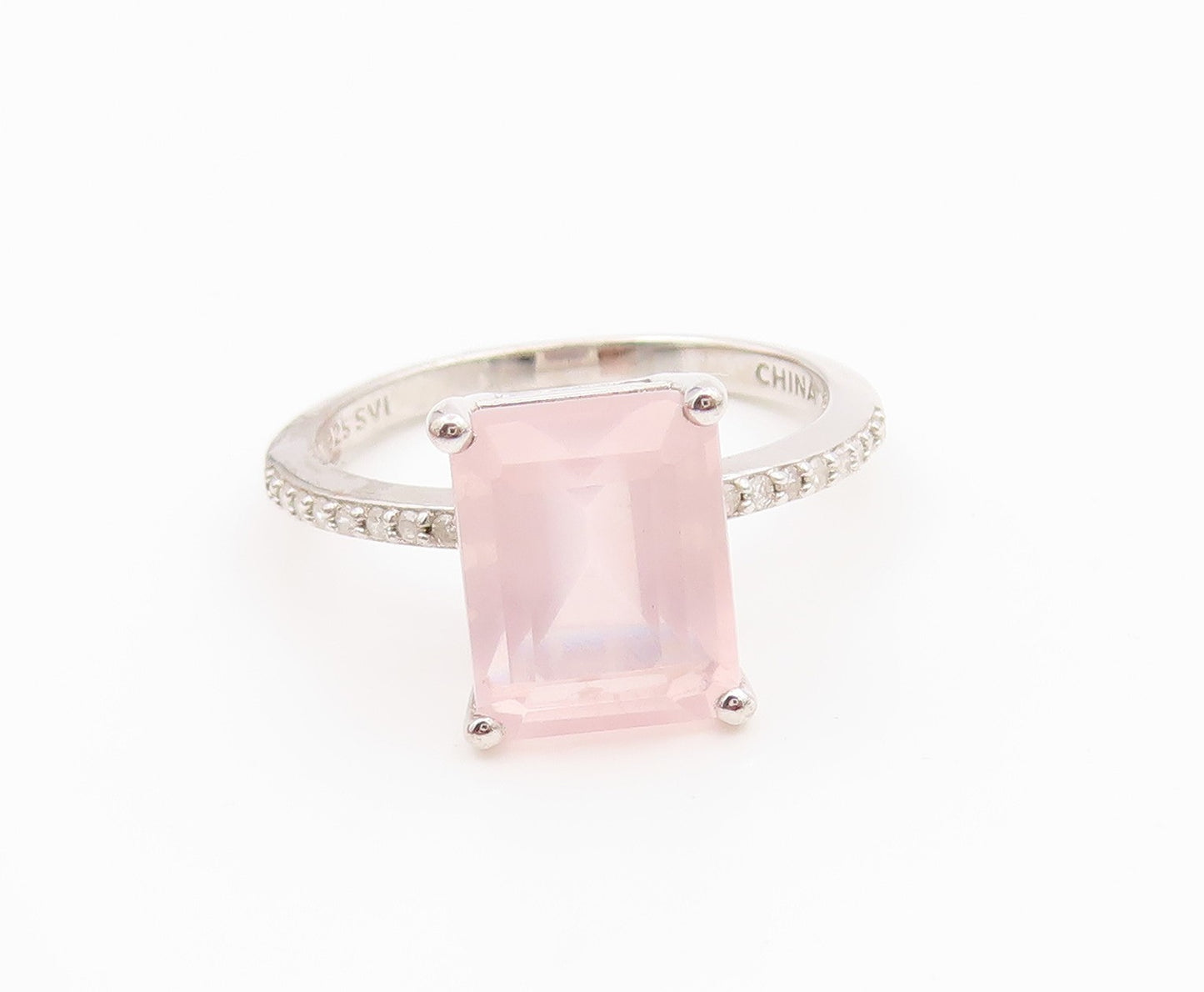 925 Sterling Silver Vintage Ring Real Diamonds & Rose Quartz Band  Sz 7  RG36061