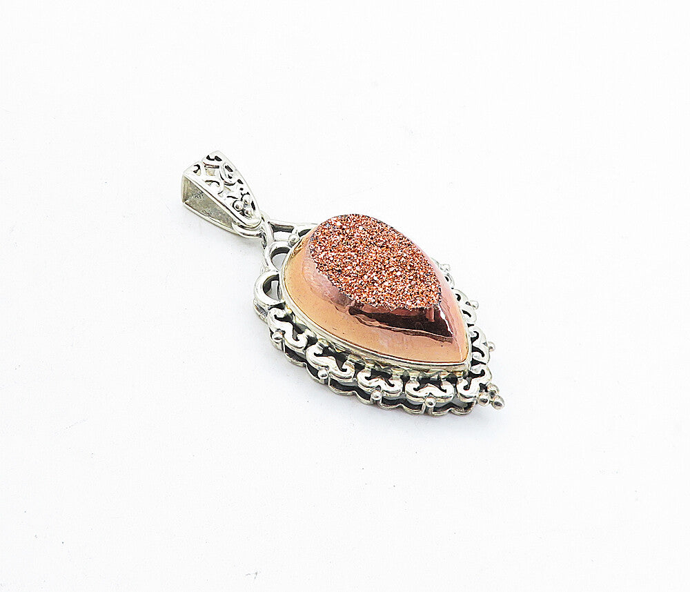 925 Sterling Silver  Vintage Druzy Stone Shiny Swirl Drop Pendant  PT3444
