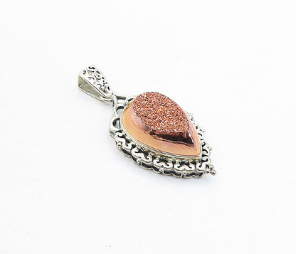 925 Sterling Silver  Vintage Druzy Stone Shiny Swirl Drop Pendant  PT3444