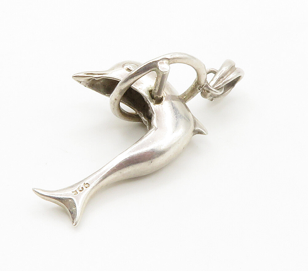 925 Sterling Silver  Vintage Dolphin Leaping Through Hoop Pendant  PT11605