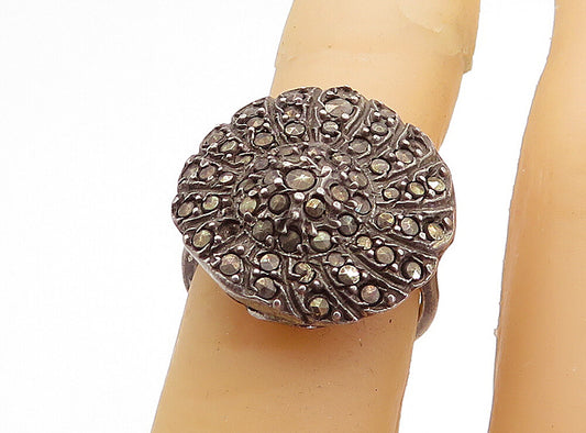 925 Sterling Silver  Vintage Marcasite Decorated Cocktail Ring Sz 5  RG5234