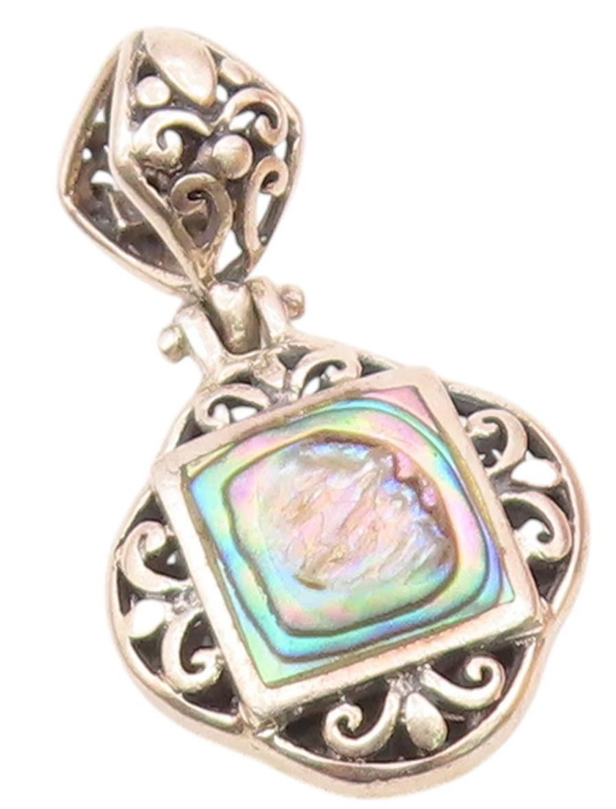 925 Sterling Silver  Vintage Abalone Shell Swirl Floral Motif Pendant  PT19826