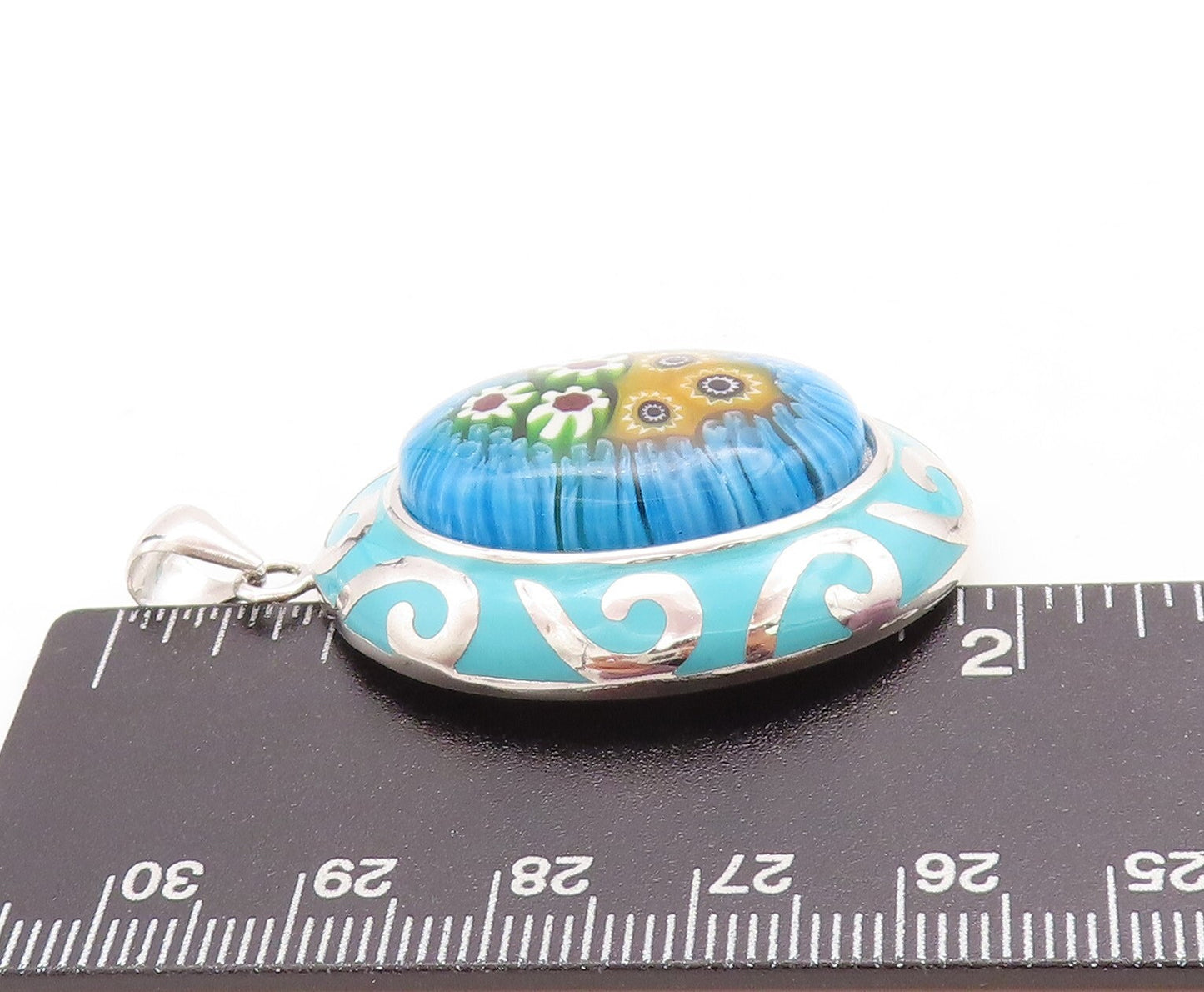 925 Sterling Silver Vintage Pendant Oval Enameled Chinese Floral Design PT23757