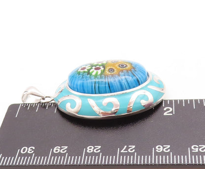 925 Sterling Silver Vintage Pendant Oval Enameled Chinese Floral Design PT23757