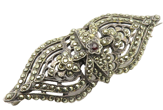 925 Sterling Silver  Vintage Garnet & Marcasite Floral Brooch Pin  BP5650