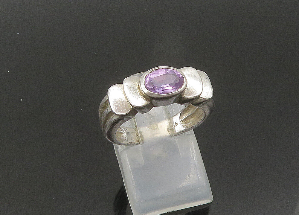 925 Sterling Silver  Vintage Faceted Amethyst Ribbed Band Ring Sz 7  RG21923