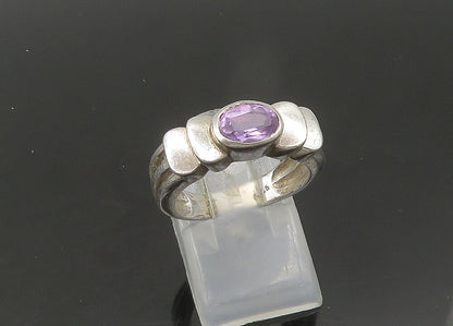 925 Sterling Silver  Vintage Faceted Amethyst Ribbed Band Ring Sz 7  RG21923