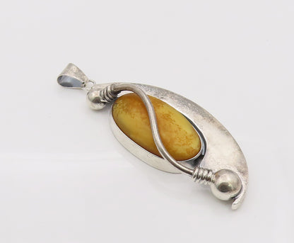 925 Sterling Silver Vintage Large Half Moon Honey Yellow Agate Pendant PT22167