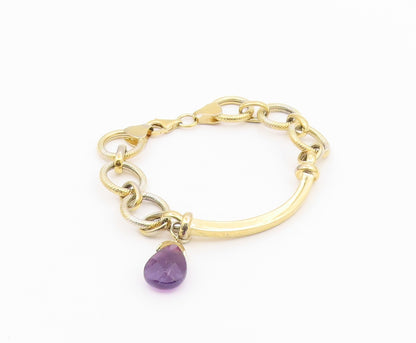 925 Sterling Silver  Amethyst Gold Plated Greek Key Chain Bracelet  BT5607