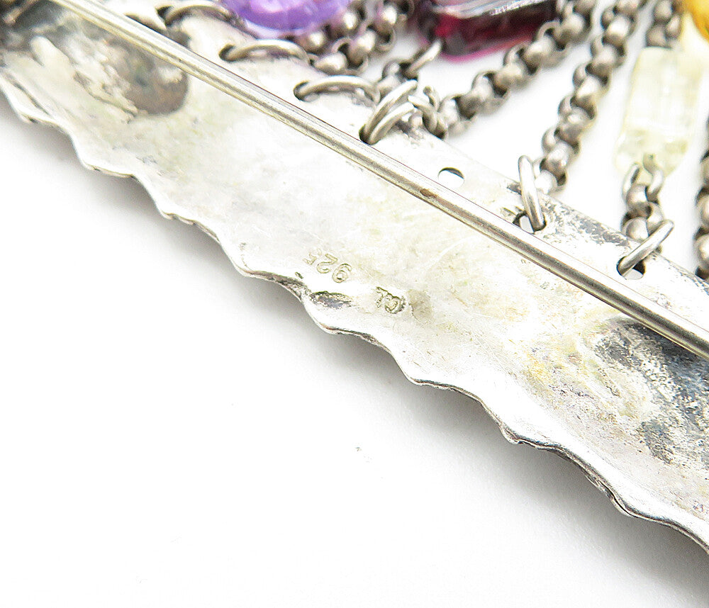 925 Sterling Silver  Vintage Dangling Amethyst & Topaz  Brooch Pin  BP1767