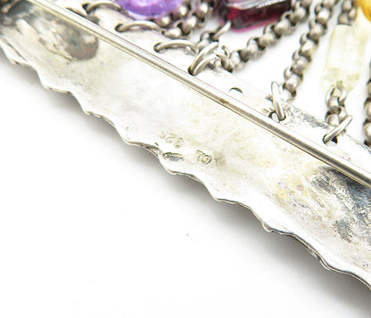 925 Sterling Silver  Vintage Dangling Amethyst & Topaz  Brooch Pin  BP1767