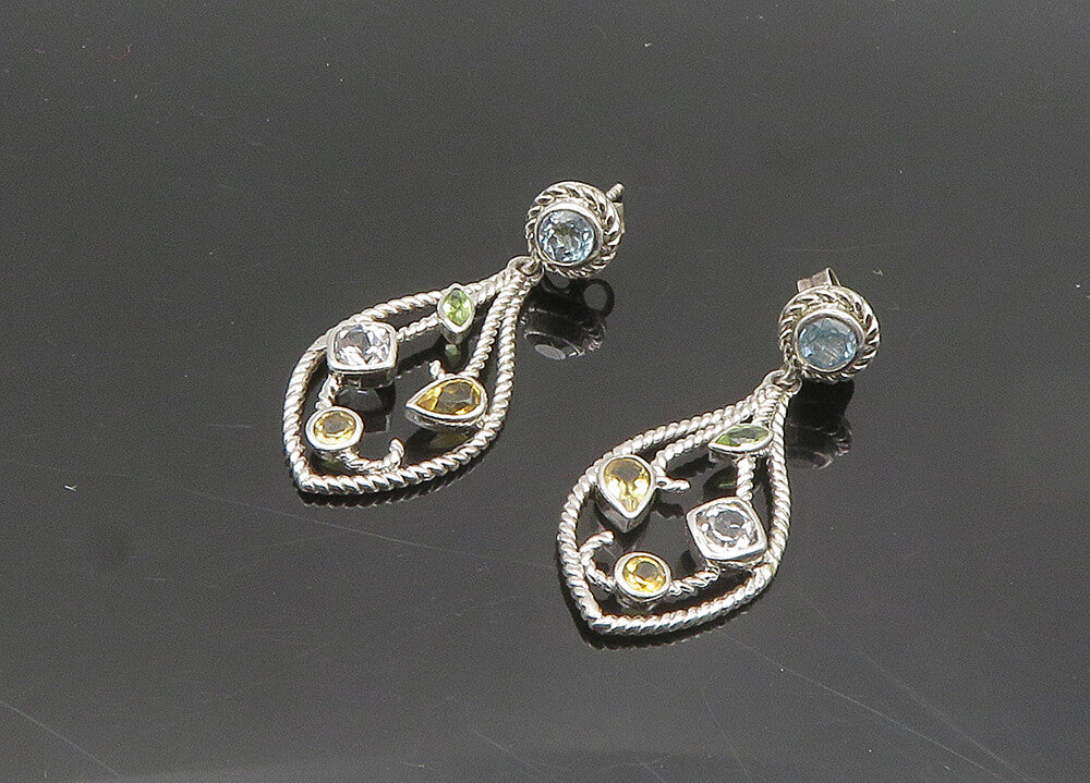 925 Silver  Vintage Shiny Topaz Peridot & Citrine Dangle Earrings  EG9799