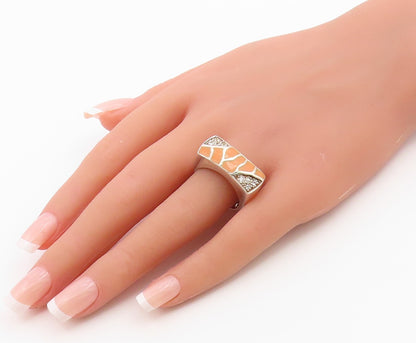 925 Sterling Silver Vintage Ring Topaz Enameled Geometric Band  Sz 9  RG36457