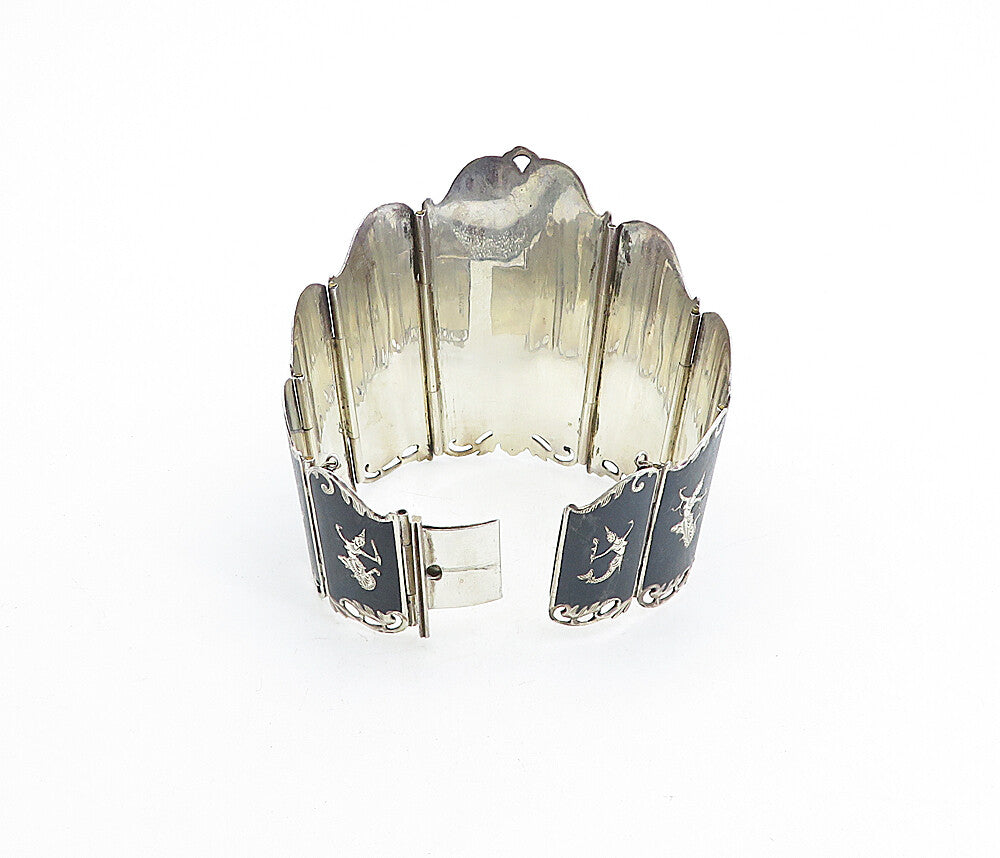 SIAM 925 Sterling Silver  Vintage Niello Dancer Panel Chain Bracelet  BT1963