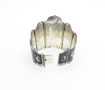 SIAM 925 Sterling Silver  Vintage Niello Dancer Panel Chain Bracelet  BT1963