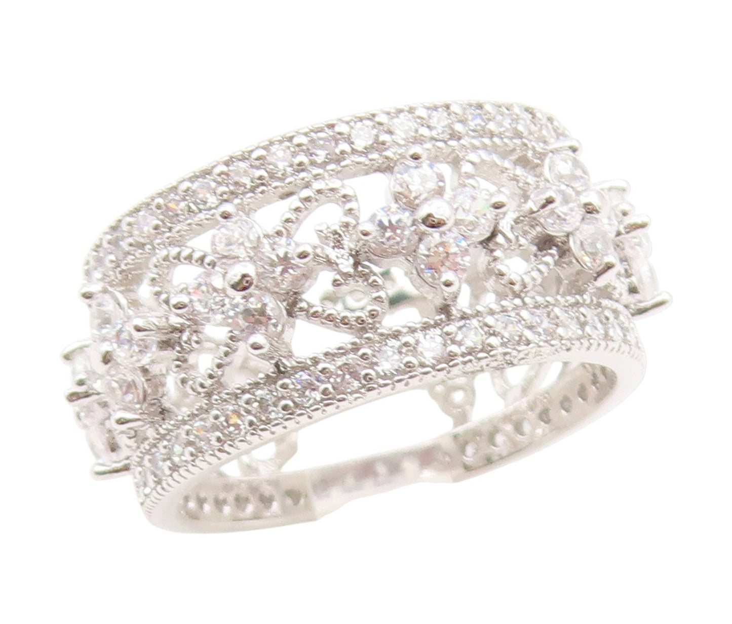 925 Sterling Silver Vintage Ring CZ Floral Openwork Eternity Band  Sz 8  RG35194
