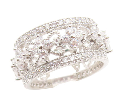 925 Sterling Silver Vintage Ring CZ Floral Openwork Eternity Band  Sz 8  RG35194