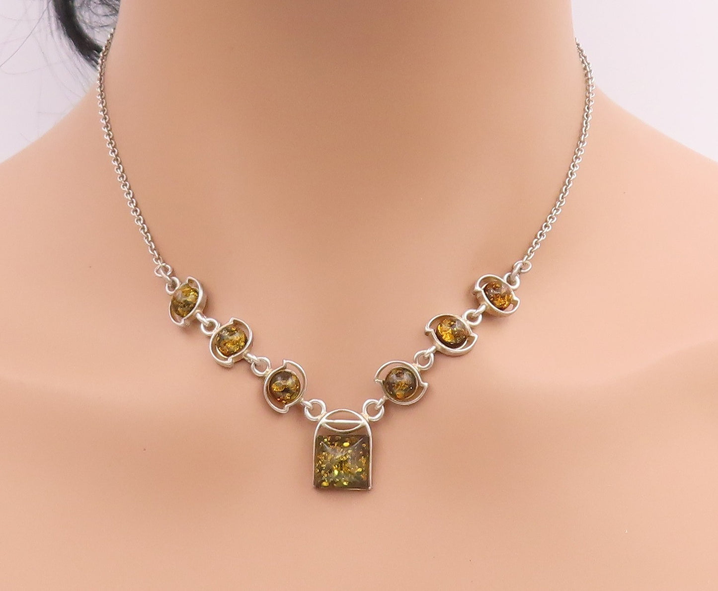 925 Sterling Silver Vintage Necklace Cabochon Round & Square Honey Amber NE4595