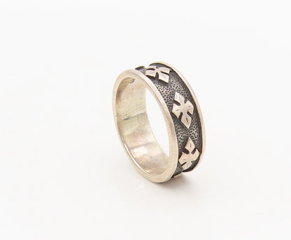 925 Silver  Vintage Carved Pointed Flower Raised Bordered Ring Sz 6.5  RG26785