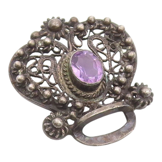 925 Sterling Silver Vintage Brooch Pin Classic Amethyst Floral Openwork  BP12588