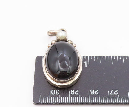 925 Sterling Silver  Vintage Black Onyx & Petite Pearl Drop Pendant  PT14279